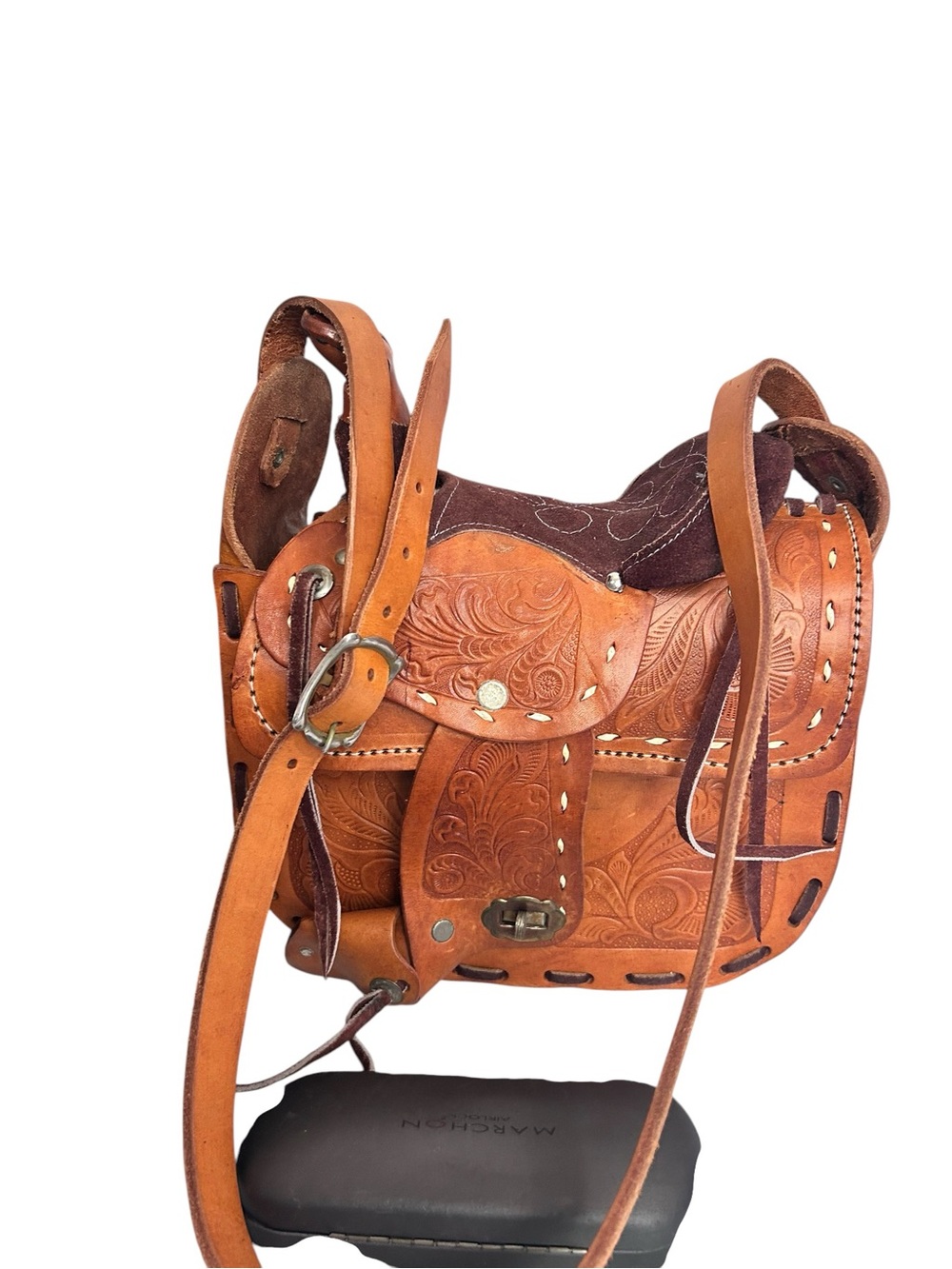 Horse Saddle Shoulder Bag Hand Tooled Brown Suede And Tan Leather Purse Vintage - Picture 3 of 16